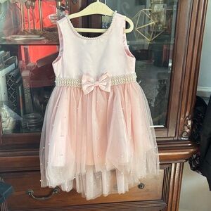 Girls' Pink Pearl-Trim Tulle Easter Dress with Bow